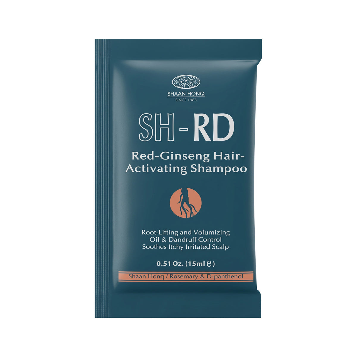 Shaan Hong SH-RD Red-Ginseng Hair-Activating Shampoo in a dark teal-blue single-use sachet packet with white text and a small orange circular logo, shown on a plain white background.