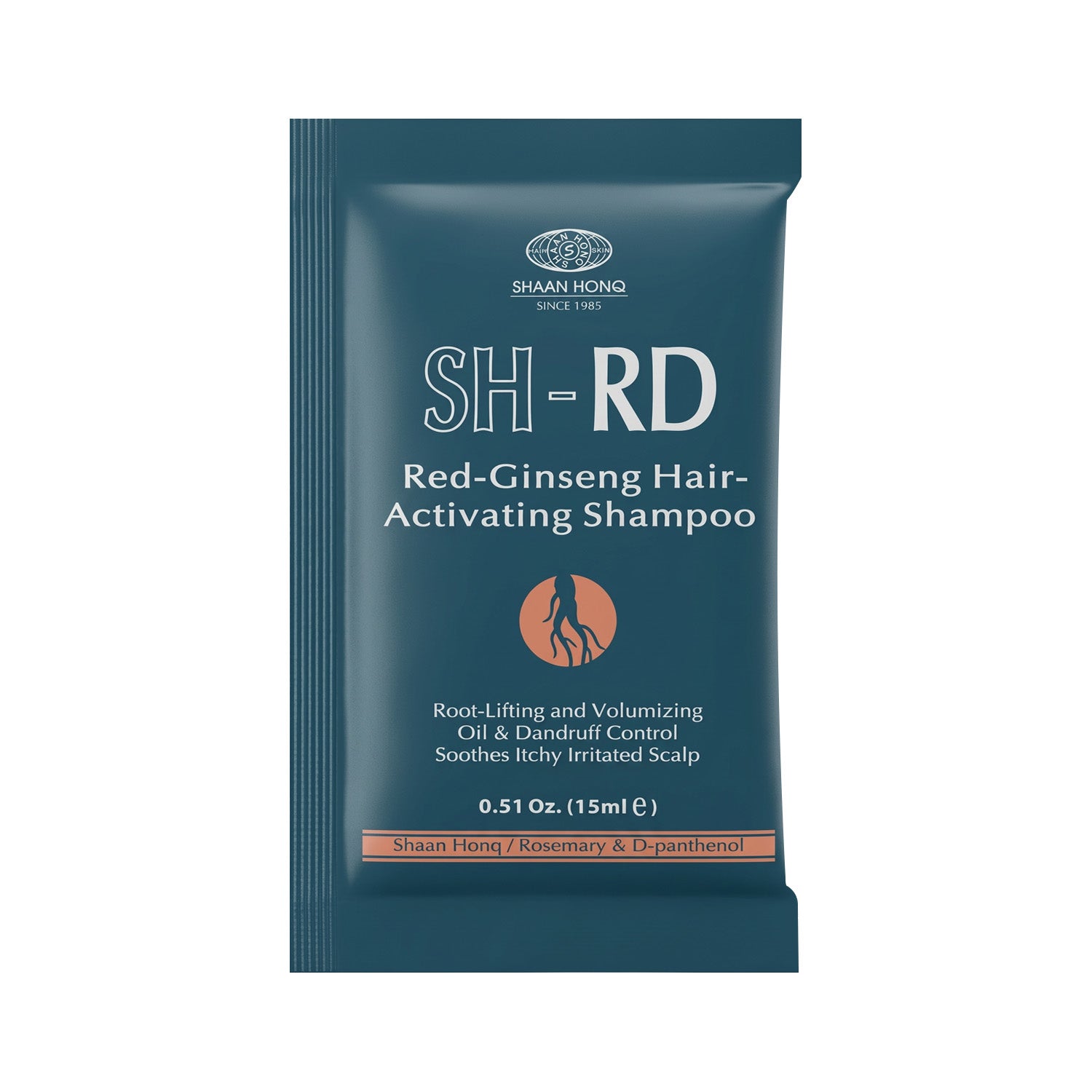 Shaan Hong SH-RD Red-Ginseng Hair-Activating Shampoo in a dark teal-blue single-use sachet packet with white text and a small orange circular logo, shown on a plain white background.
