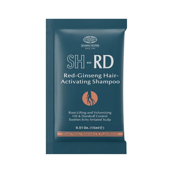 Shaan Hong SH-RD Red-Ginseng Hair-Activating Shampoo in a dark teal-blue single-use sachet packet with white text and a small orange circular logo, shown on a plain white background.