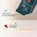 A dark teal packet of SH-RD Red Ginseng Hair Activating Shampoo is shown pouring a creamy off-white shampoo onto a light beige surface. The image includes text overlays explaining the 'Step 1' scalp cleanse benefits, featuring a small circular graphic of red ginseng roots.