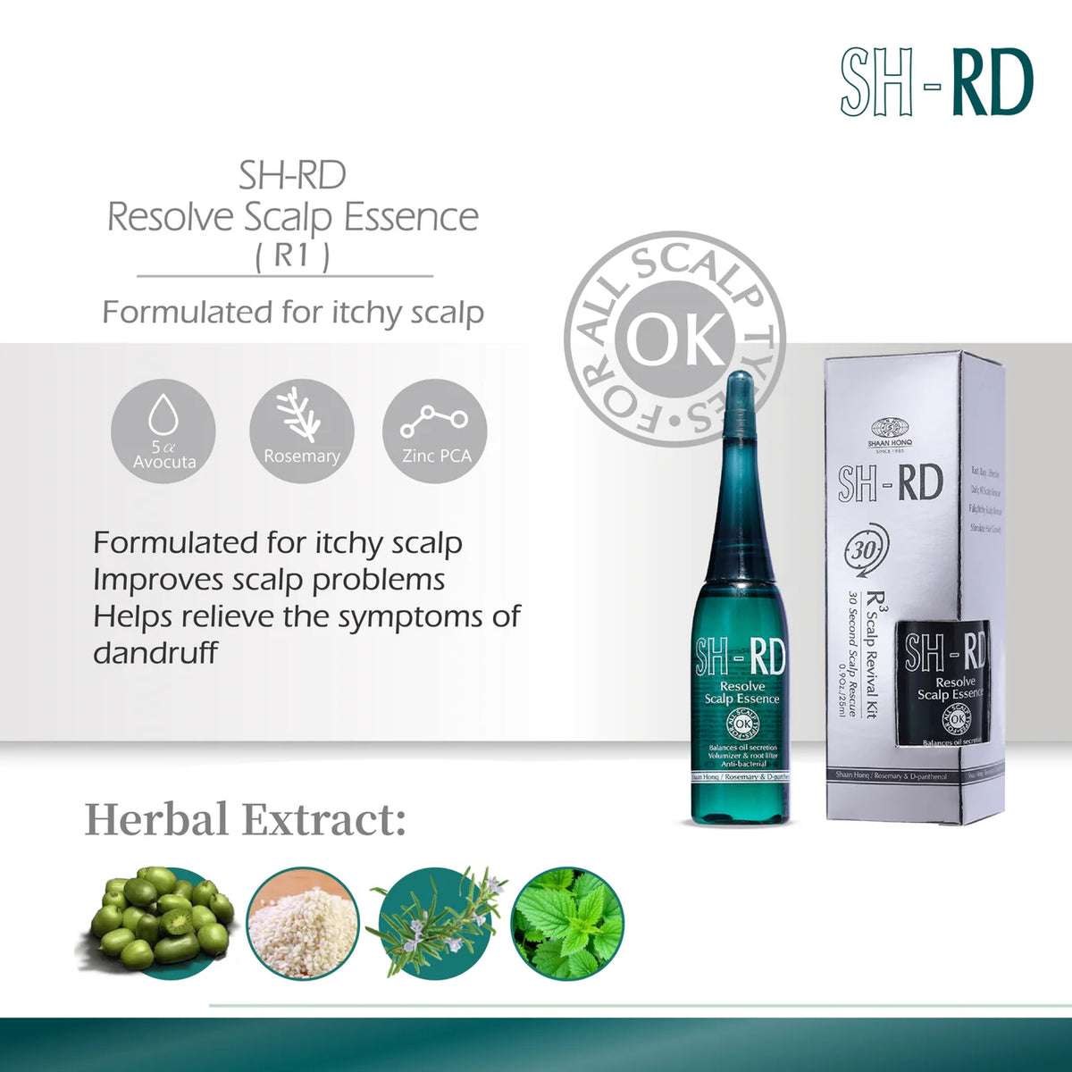 SH-RD Resolve Scalp Essence bottle and packaging on a white background