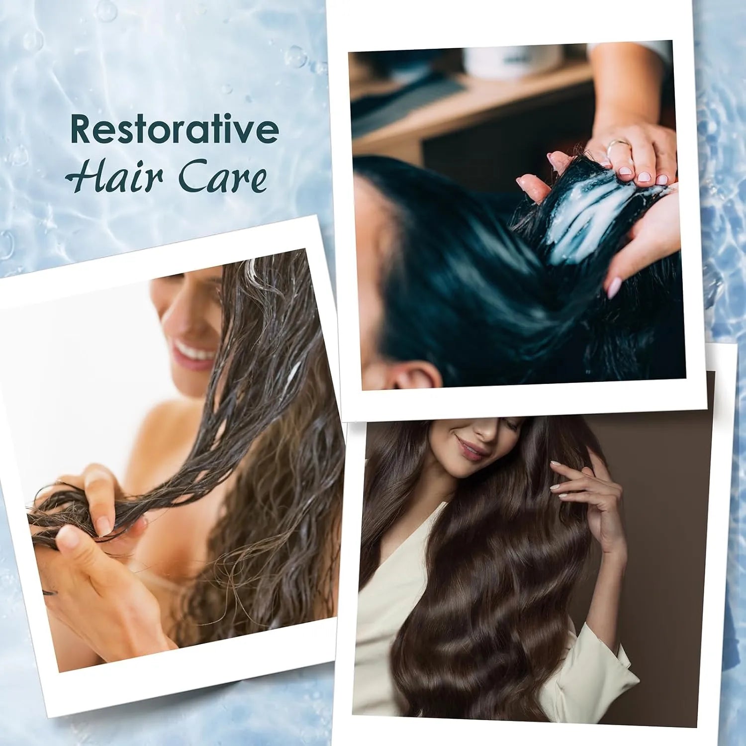 Collage of images related to restorative hair care with a woman combing her hair and another with hair being styled.