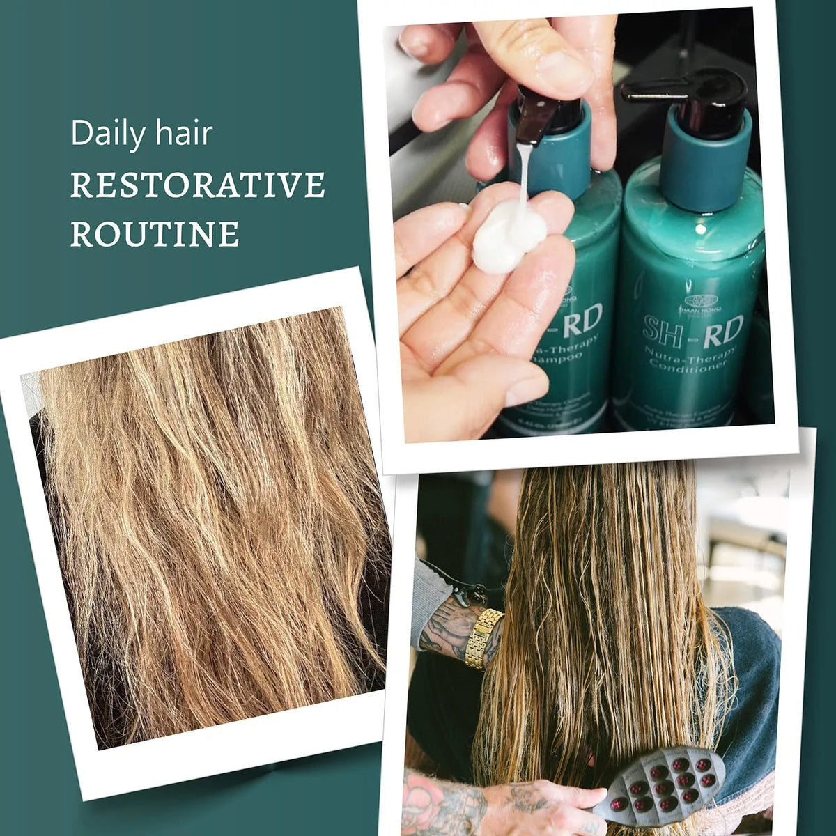 Collage of hair care routine with bottles, hair being massaged, and text on a green background
