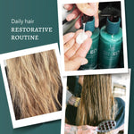 Collage of hair care routine with bottles, hair being massaged, and text on a green background