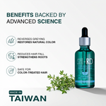 A teal glass dropper bottle of SH-RD Intensive Care Regrowth Serum stands on a light gray background beside a sprig of green herbs. Large text on the left reads 'BENEFITS BACKED BY ADVANCED SCIENCE' with three benefit callouts: reversing greying and restoring natural color, reducing hair fall and strengthening roots, and being safe for color-treated hair.