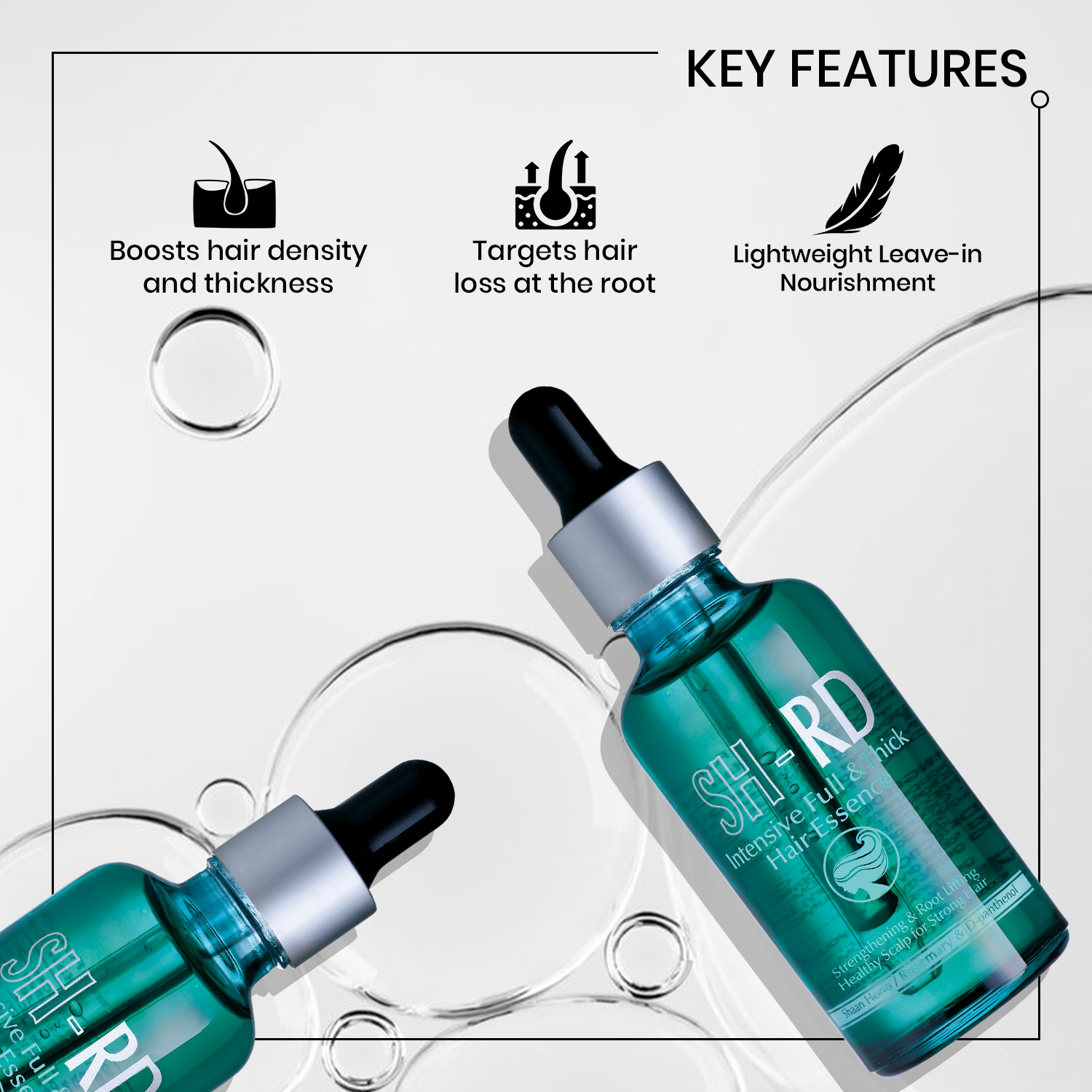 Two teal dropper bottles of SH-RD Intensive Hair Care Hair Growth Serum on a white background with graphic text callouts about key features.