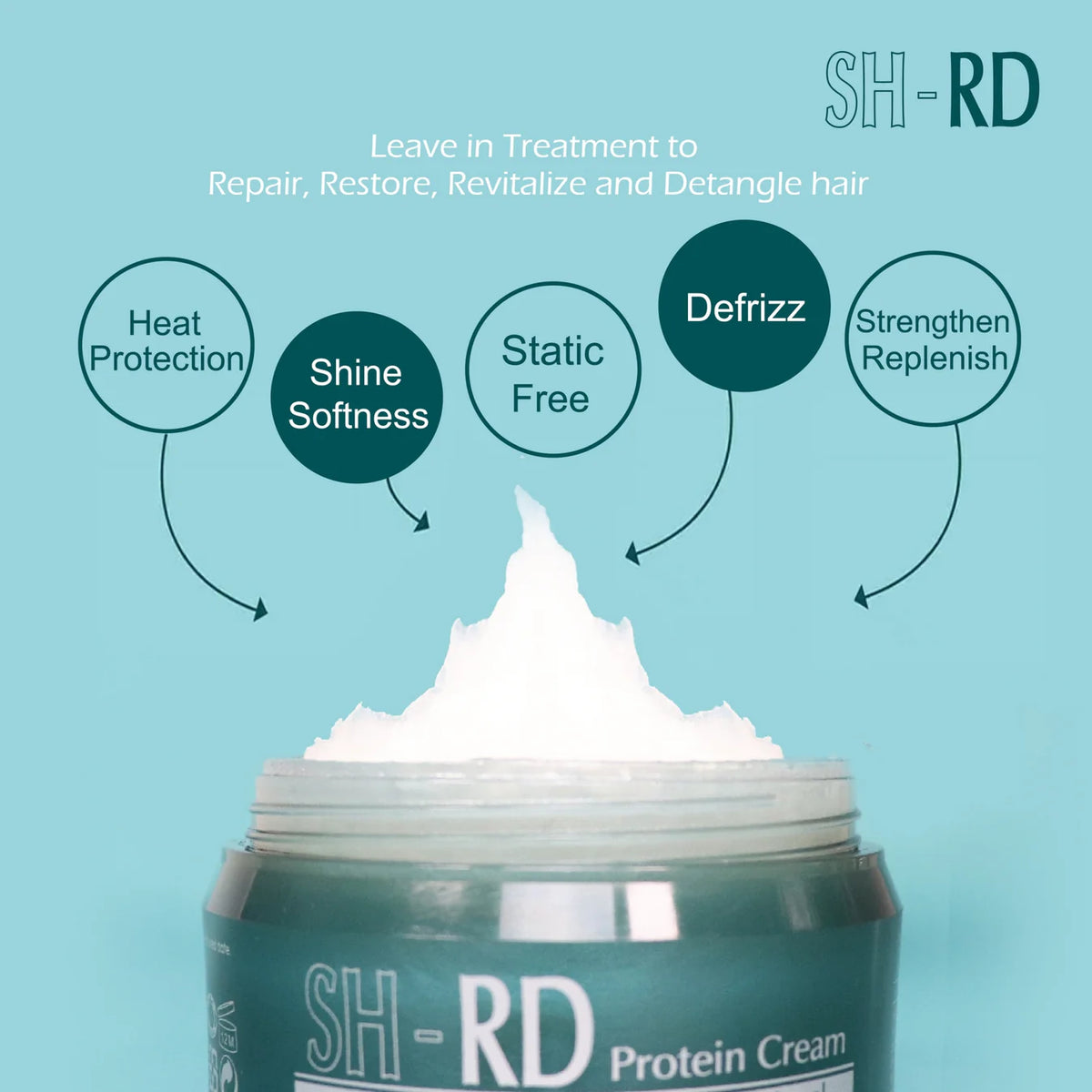 SH-RD Protein Cream jar with text highlighting its hair care benefits on a light blue background