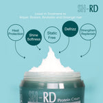 SH-RD Protein Cream jar with text highlighting its hair care benefits on a light blue background