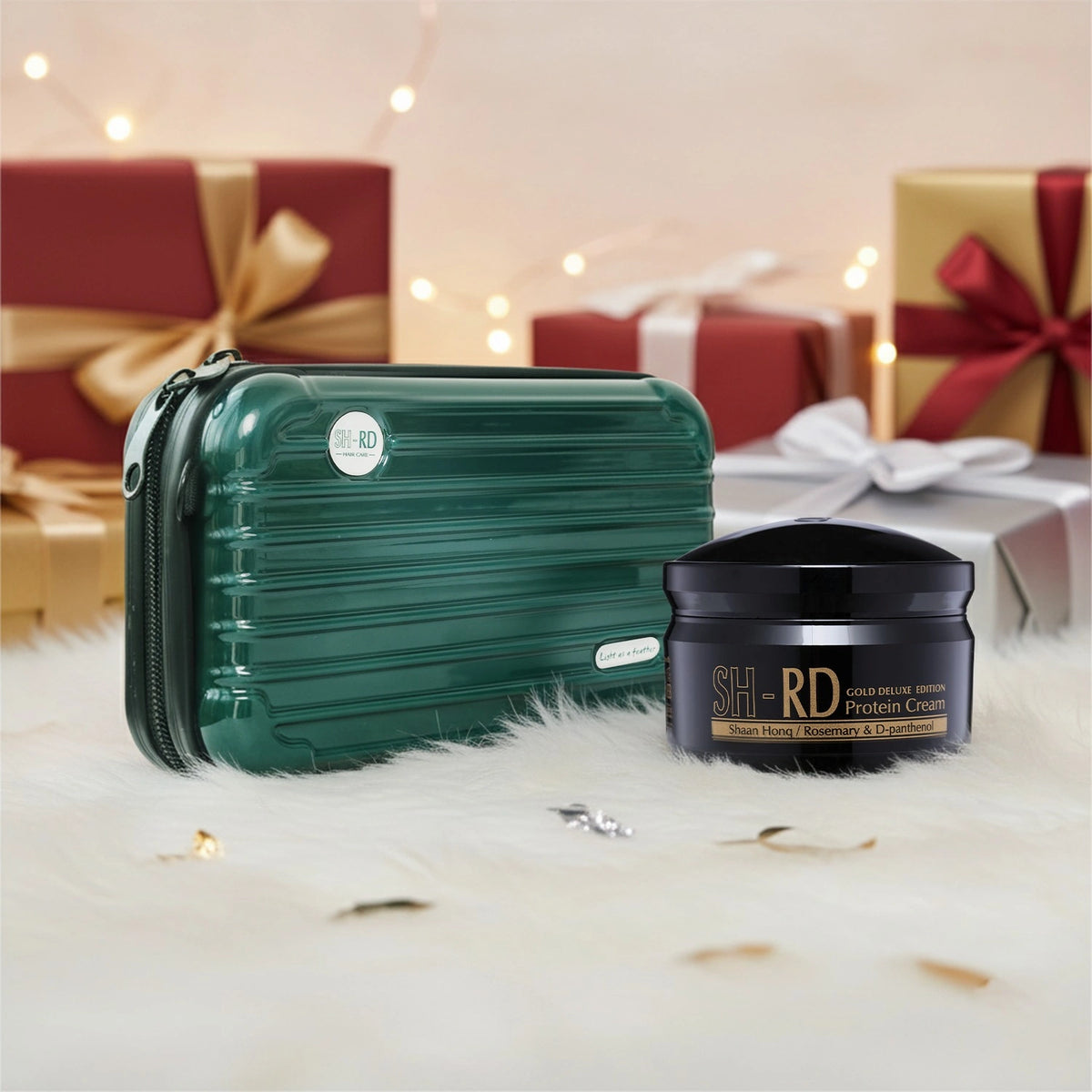 Green travel case and black container with 'SH-RD' branding on a decorative background with presents.