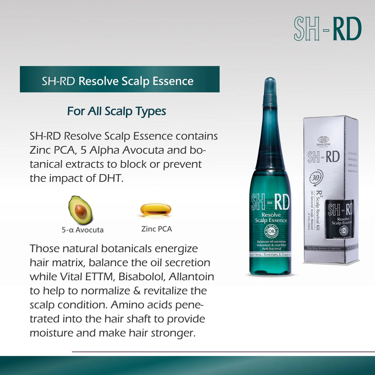 SH-RD Resolve Scalp Essence bottle and packaging on a white background