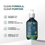 SH-RD Sage Purifying Shampoo bottle on a clean white background with promotional text and icons highlighting key product benefits.
