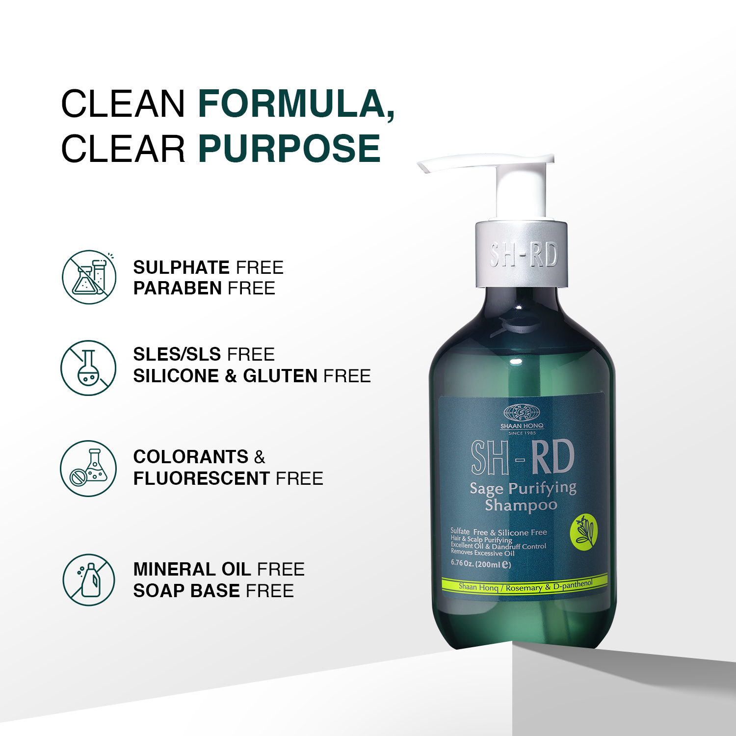 SH-RD Sage Purifying Shampoo bottle on a clean white background with promotional text and icons highlighting key product benefits.