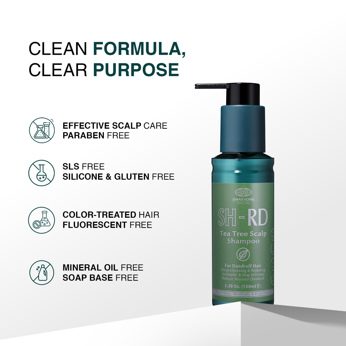 SH-RD Tea Tree Scalp Shampoo bottle on a white background with marketing text and icons about clean scalp care and ingredient-free qualities.