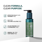 SH-RD Tea Tree Scalp Shampoo bottle on a white background with marketing text and icons about clean scalp care and ingredient-free qualities.