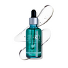 A bottle of SH-RD Intensive Full thick Hair Essence with a teal glass body, silver dropper cap, and black bulb, centered on a white background with translucent liquid streaks behind it.