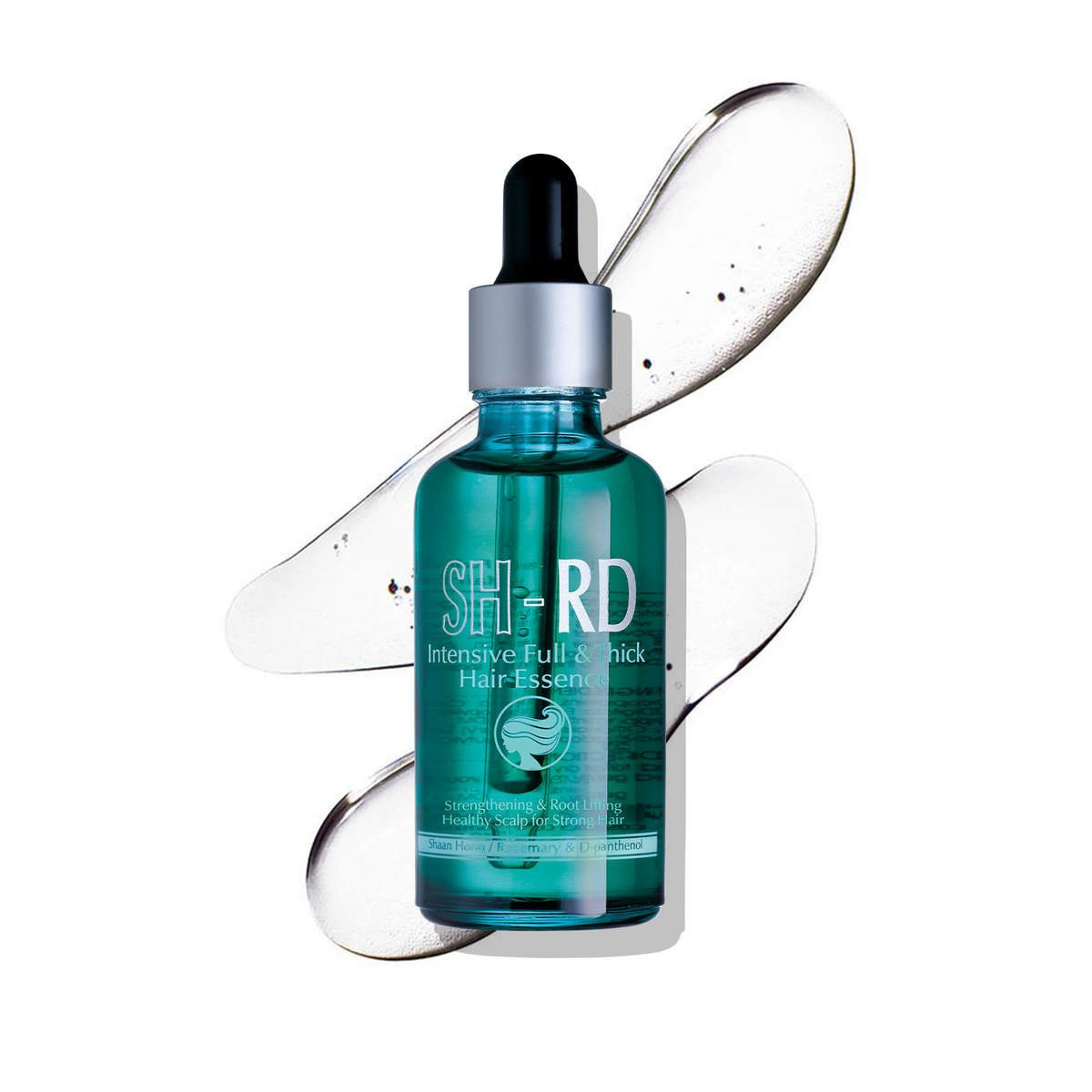 A bottle of SH-RD Intensive Full thick Hair Essence with a teal glass body, silver dropper cap, and black bulb, centered on a white background with translucent liquid streaks behind it.