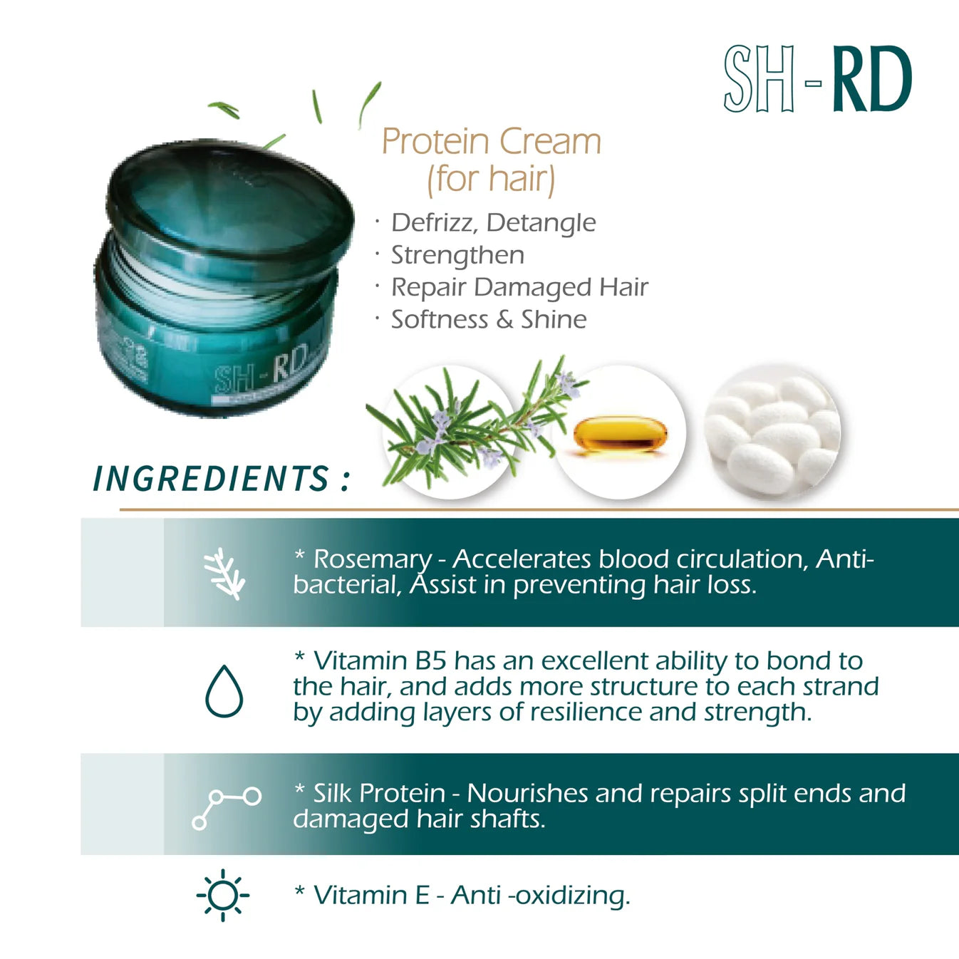 SH-RD protein cream for hair with ingredients listed on a white background