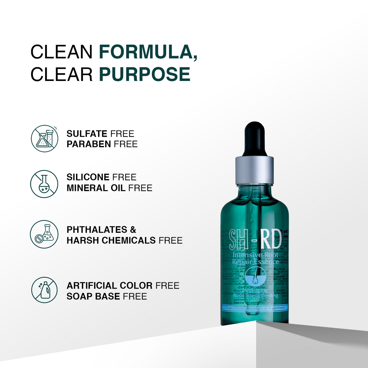 A teal dropper bottle labeled SH+RD Advanced Skin Repair Serum on a clean white background with marketing text listing formula and ingredient claims.