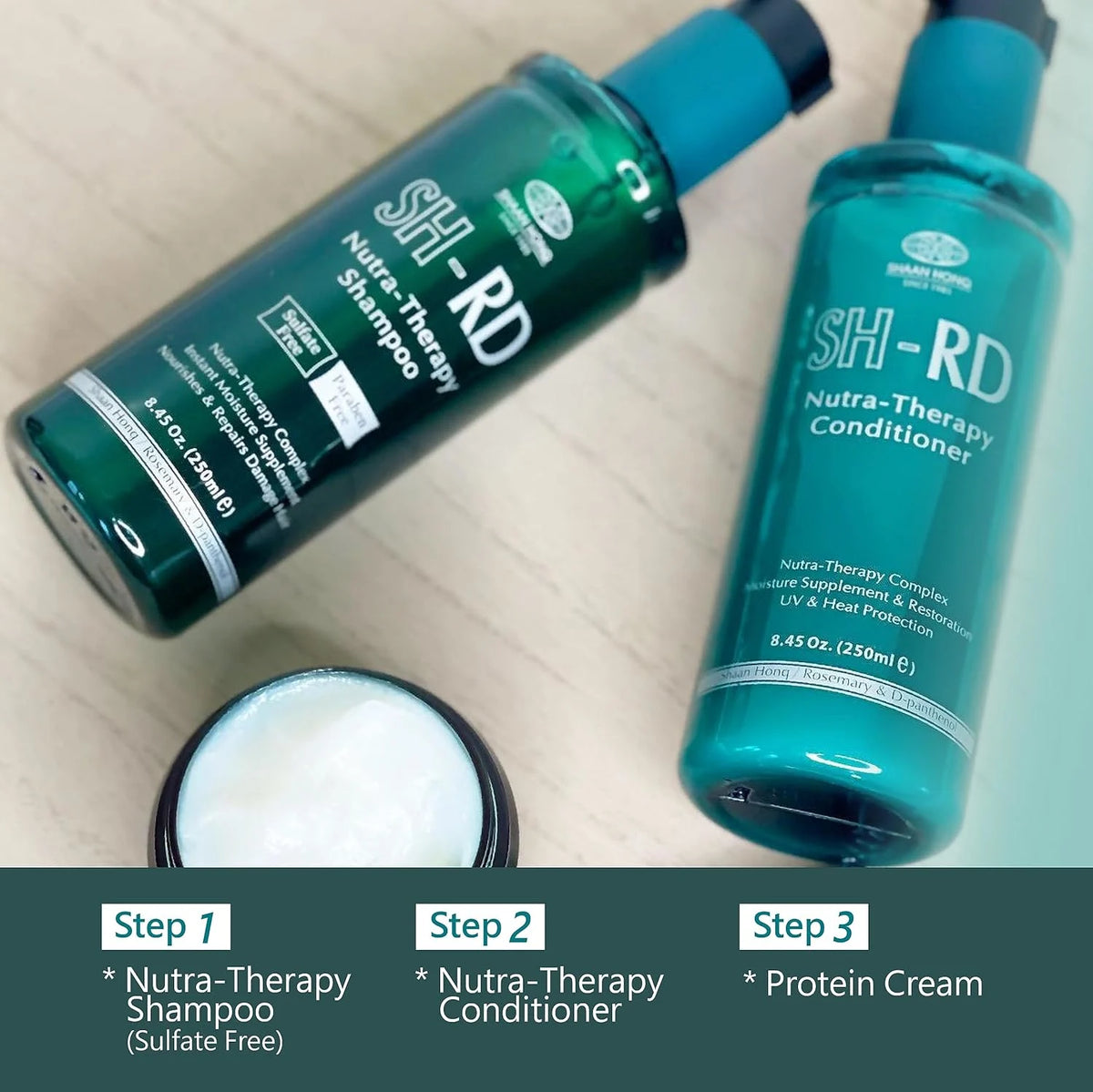 SH-RD Nutra-Therapy Shampoo and Conditioner bottles with a protein cream container on a light background.