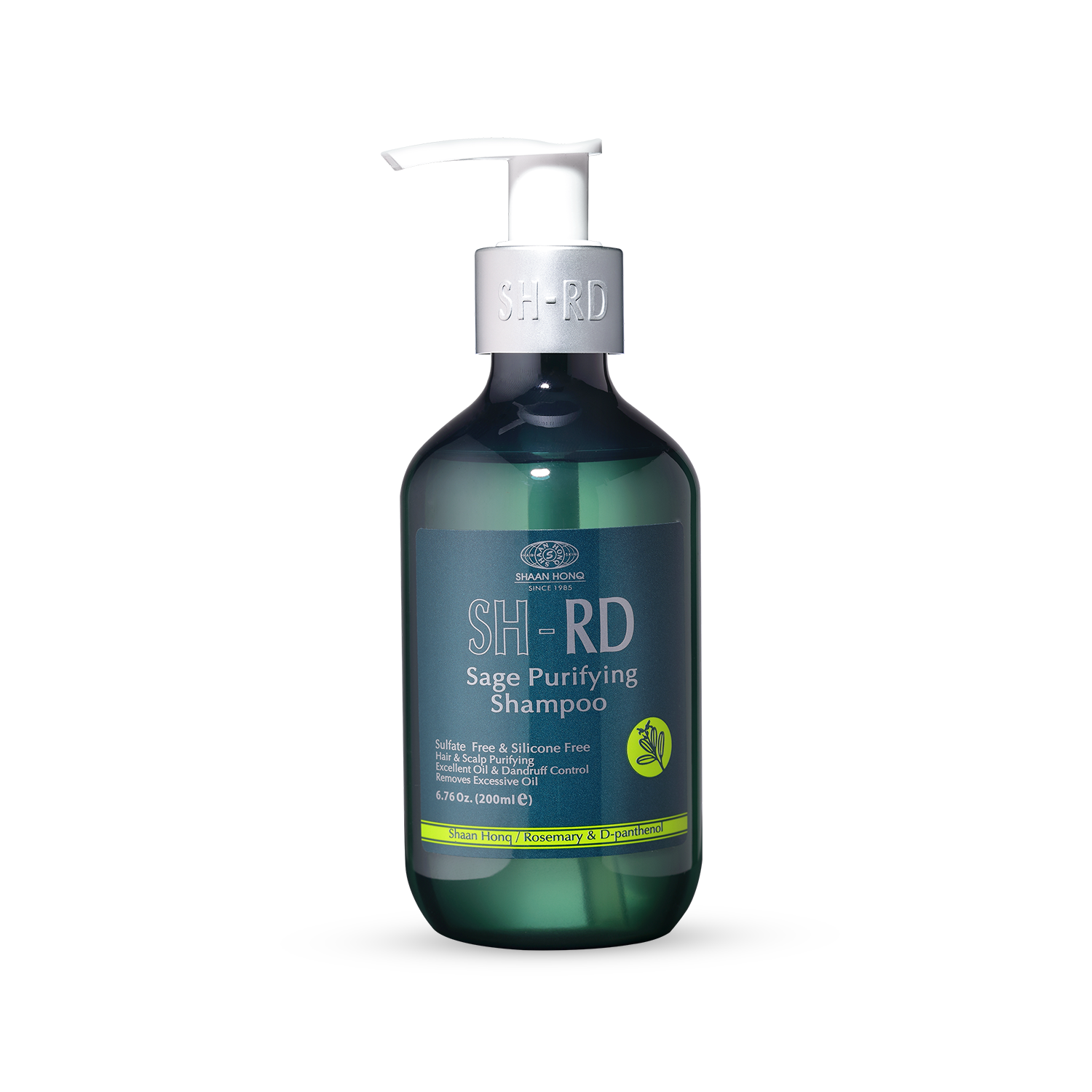 A bottle of SH-RD Sage Purifying Shampoo on a solid white background. The bottle is a dark teal-green color with a silver pump dispenser and a matching dark teal label featuring white text and a small green organic logo.