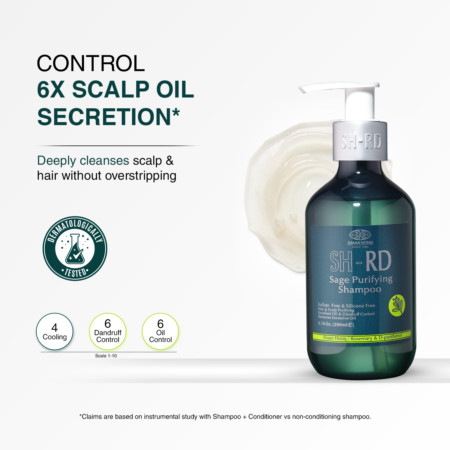 SH-RD Sage Purifying Shampoo bottle on a white background with promotional text about scalp oil secretion, a circular seal, and feature icons.