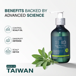 A bottle of SH-RD Sage Purifying Shampoo on a light gray background with promotional text and icons about scalp oil control, dandruff defense, and scalp detox. Green leaves are placed at the base of the bottle.