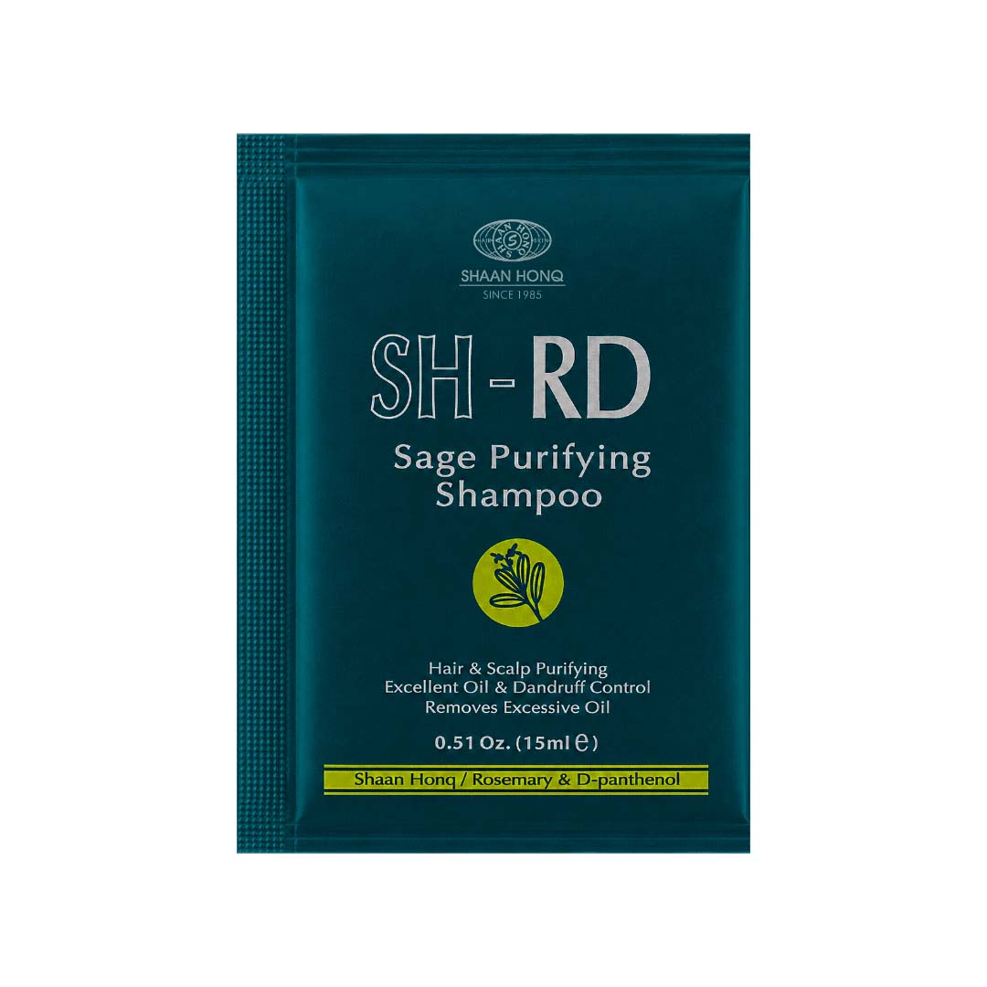 Shaun Hong SH-RD Sage Purifying Shampoo sachet in a dark teal packet with white and yellow text, shown on a plain white background.