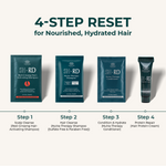 A 4-step hair care reset set shown on a light beige background with dark teal packaging. The products include Step 1 Scalp Cleanse, Step 2 Hair Cleanse, Step 3 Condition & Hydrate, and Step 4 Protein Repair, with text labels underneath each package.