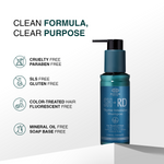 A bottle of Shik & Rae Thyme Intensive Shampoo on a white background with marketing text and icons highlighting cruelty-free, SLS-free, gluten-free, and color-treated hair benefits.