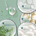 Skincare product ingredients including avocado oil, argan oil, rosemary extract, and silk protein on a green background.