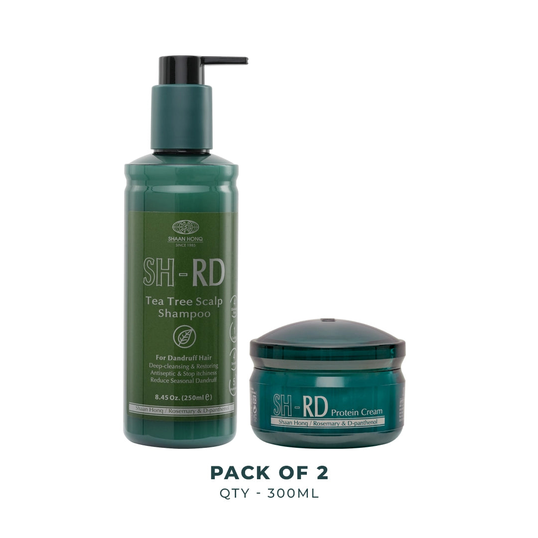 A bottle of SH-RD Tea Tree Scalp Shampoo and a jar of SH-RD Protein Cream displayed together on a white background with a 'PACK OF 2' text overlay below.