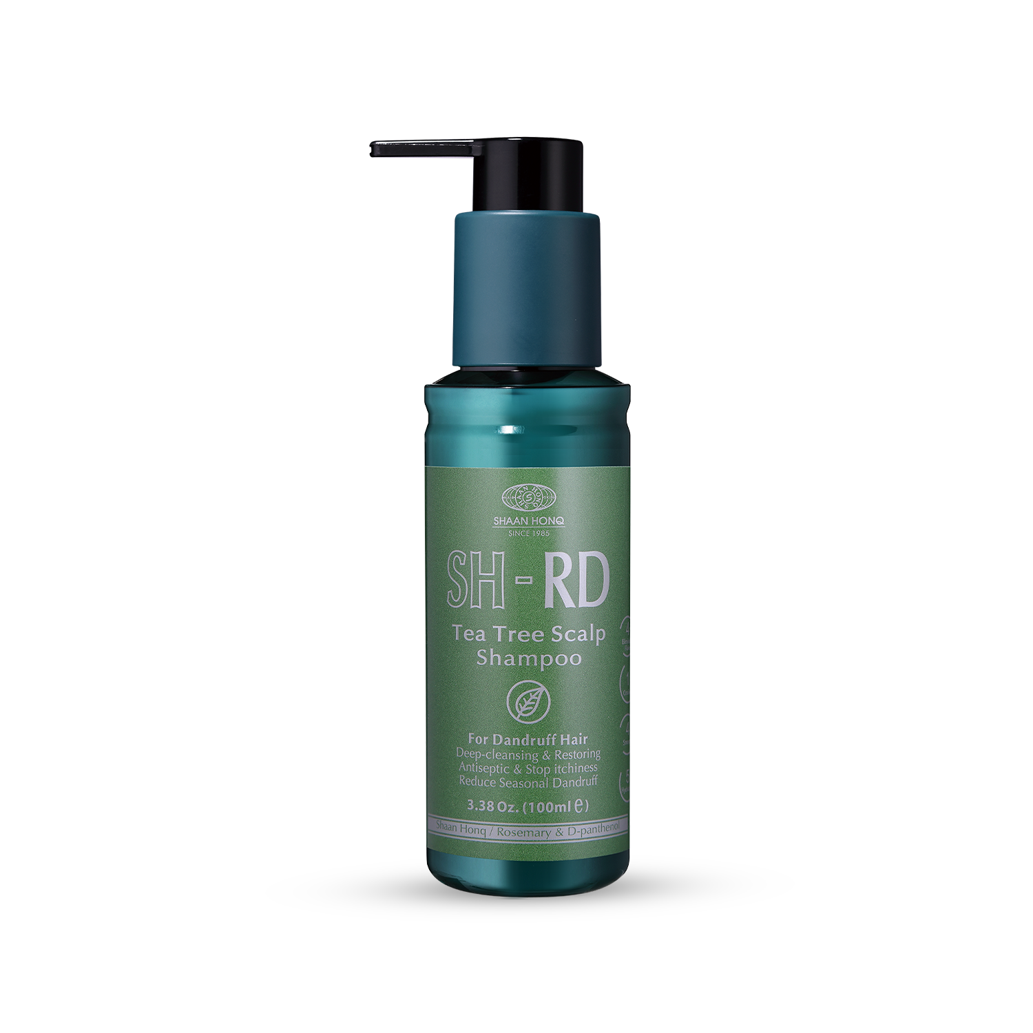 A bottle of Brian Holmes SH-RD Tea Tree Scalp Shampoo, featuring a metallic teal-green bottle with a black pump dispenser and a matching green label, set against a plain white background.