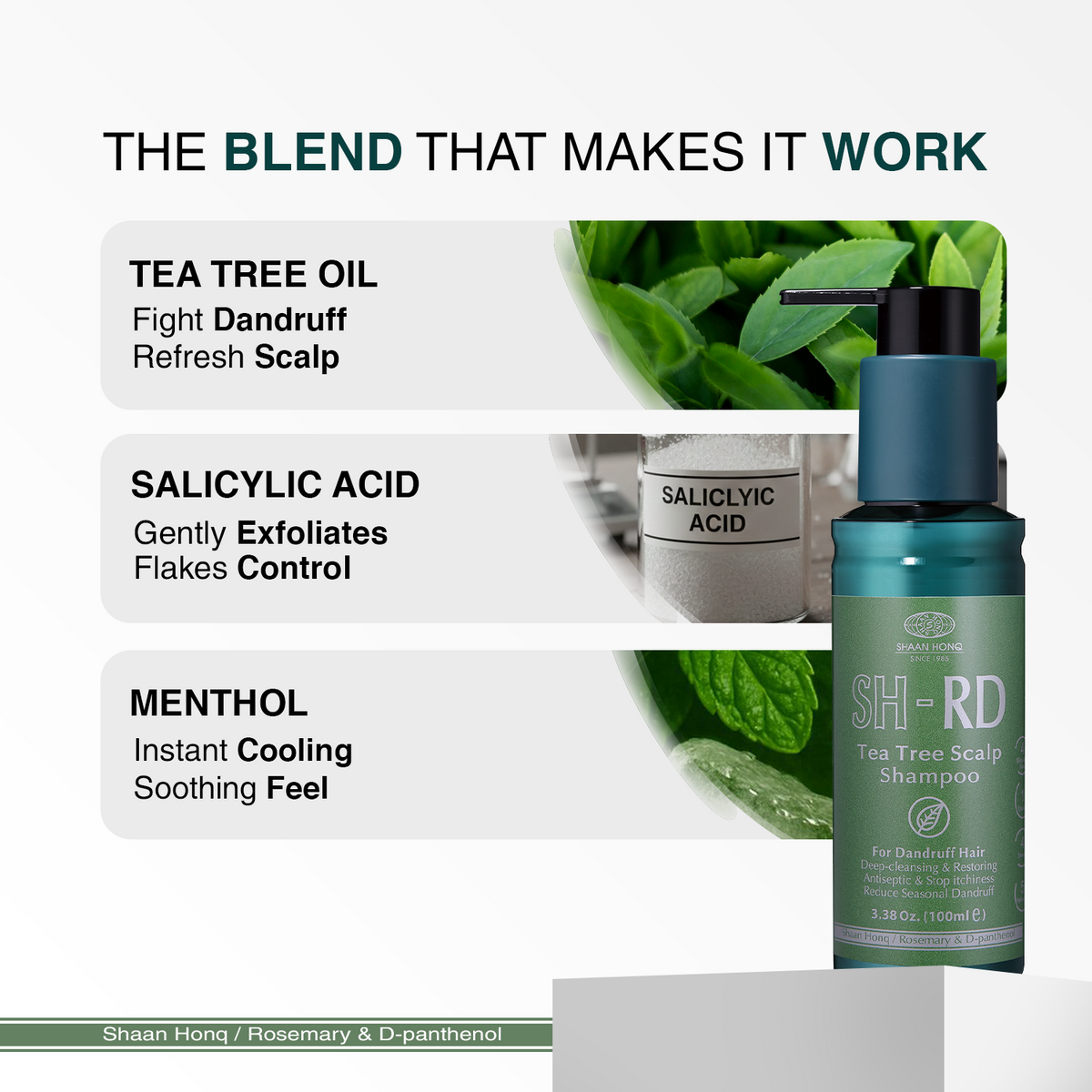 Tea Tree Scalp Shampoo bottle on a dark background with marketing text reading 'THE BLEND THAT MAKES IT WORK,' ingredient callouts for tea tree oil, salicylic acid, and menthol, and leaf imagery.