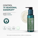 A bottle of SH-RD Tea Tree Scalp Shampoo by Scalp Care shown on a clean white background with marketing text, a circular seal, and feature icons. The bottle is metallic teal with a dark pump and a green label.