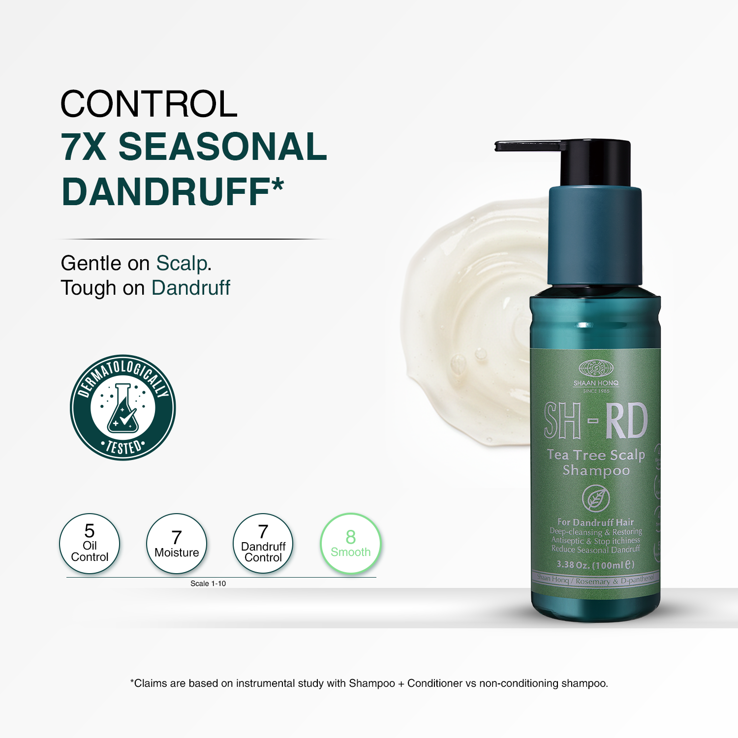 A bottle of SH-RD Tea Tree Scalp Shampoo by Scalp Care shown on a clean white background with marketing text, a circular seal, and feature icons. The bottle is metallic teal with a dark pump and a green label.