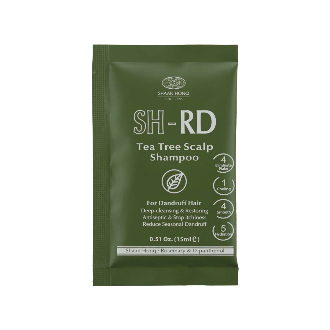 A single packet of Shaun Hong SH-RD Tea Tree Scalp Shampoo in a dark olive green resealable pouch with white text, shown against a plain white background.