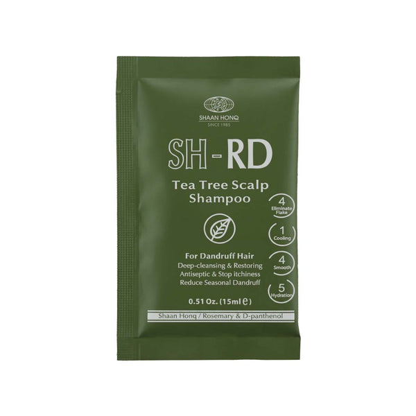 A single packet of Shaun Hong SH-RD Tea Tree Scalp Shampoo in a dark olive green resealable pouch with white text, shown against a plain white background.