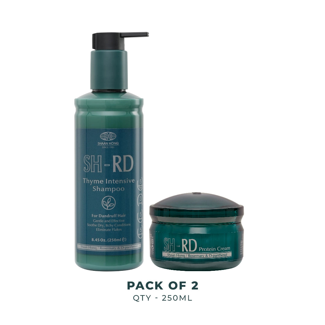 A 2-pack of Sh-RD hair care products on a white background, featuring a teal pump bottle of Thyme Intensive Shampoo and a matching teal jar of Protein Cream, with 'PACK OF 2' text below.