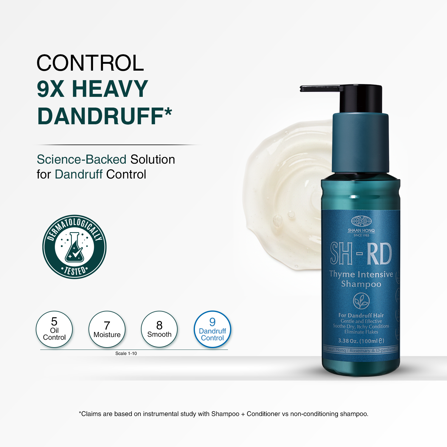 A bottle of Silver Ring SH-RD Thyme Intensive Shampoo on a white background, featuring a dark teal bottle, black pump, and a swirl of white shampoo residue. Text highlights '9X HEAVY DANDRUFF' and includes feature icons for oil control, moisture, smoothness, and dandruff control.