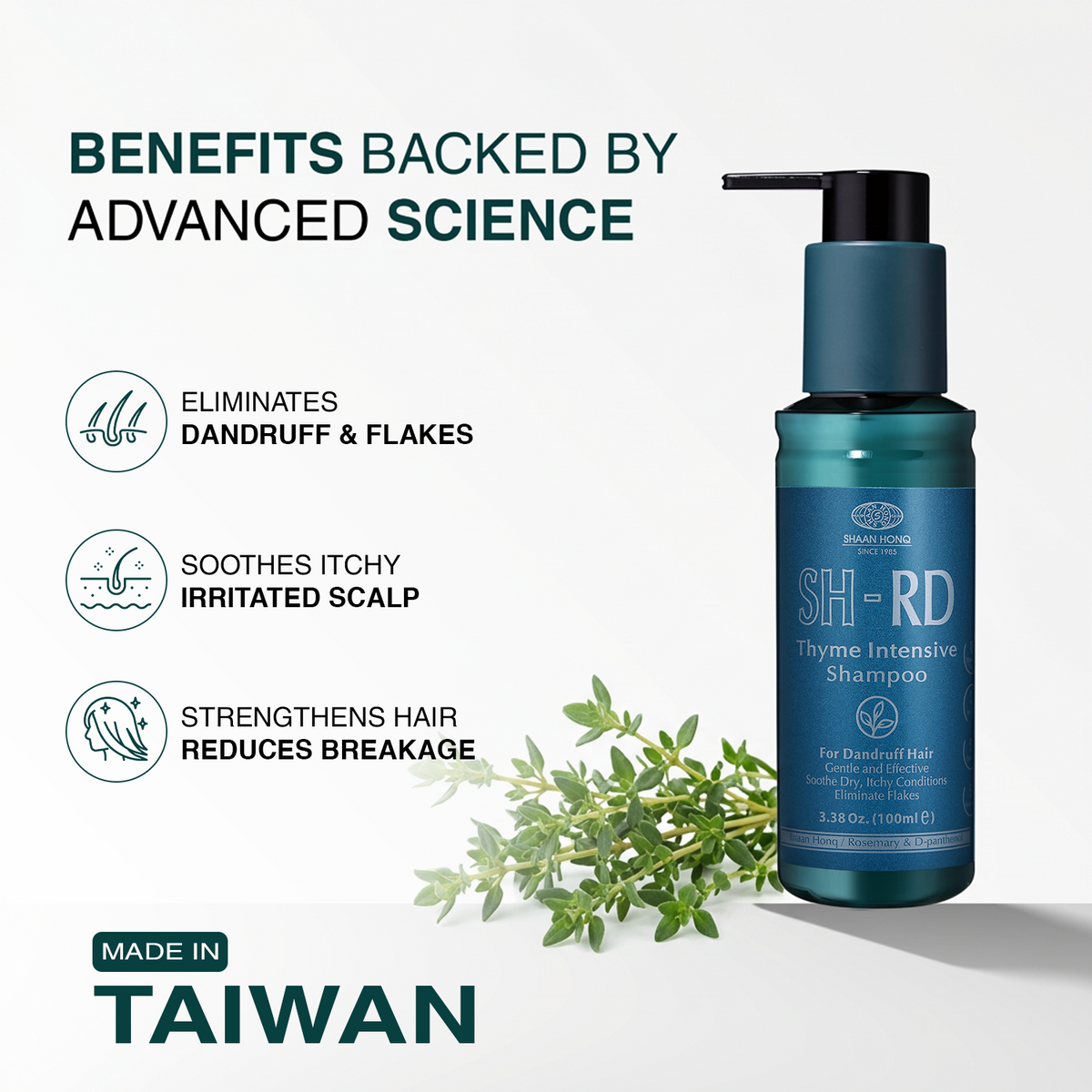SH-RD Thyme Intensive Shampoo bottle in a metallic teal-blue color with a black pump dispenser, shown next to fresh green thyme leaves. The left side features marketing text highlighting benefits like eliminating dandruff and flakes, soothing itchiness, and strengthening hair, with a 'MADE IN TAIWAN' badge at the bottom.
