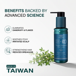 SH-RD Thyme Intensive Shampoo bottle in a metallic teal-blue color with a black pump dispenser, shown next to fresh green thyme leaves. The left side features marketing text highlighting benefits like eliminating dandruff and flakes, soothing itchiness, and strengthening hair, with a 'MADE IN TAIWAN' badge at the bottom.