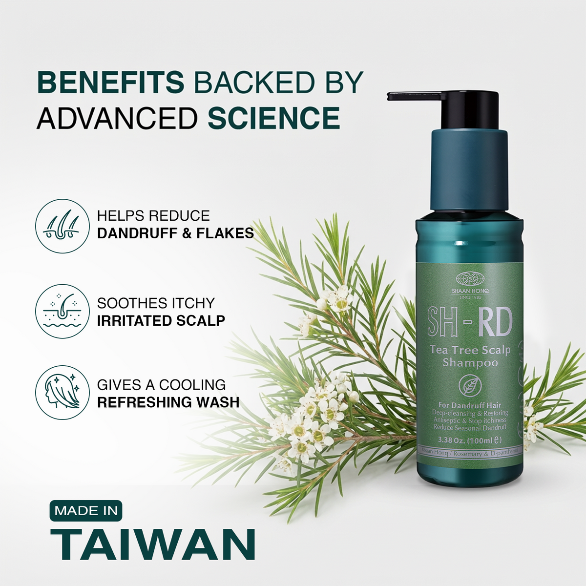 SH-RD Tea Tree Scalp Shampoo bottle on a light gray background with promotional text and botanical props. The bottle is dark teal with a black pump and white/green label text.