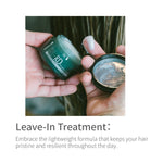 Two hands holding a jar and a small container of leave-in treatment with text about its benefits.