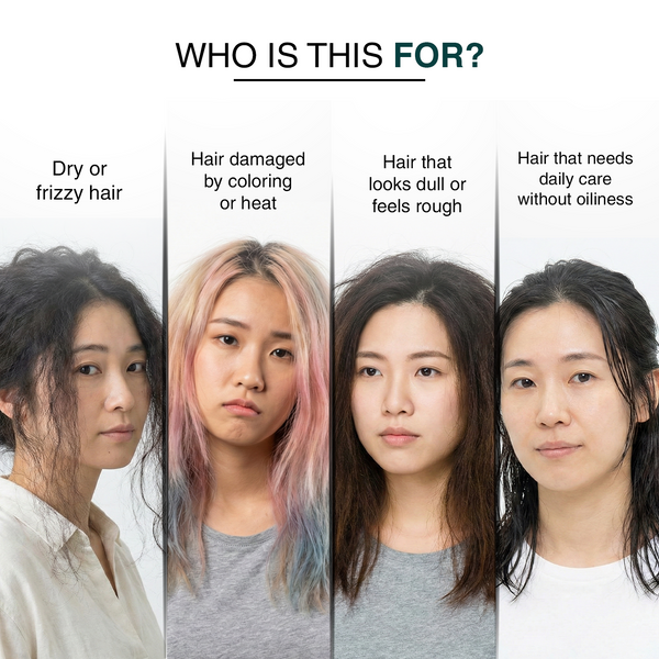 Four women with different hair types and conditions, with text indicating who the product is for.