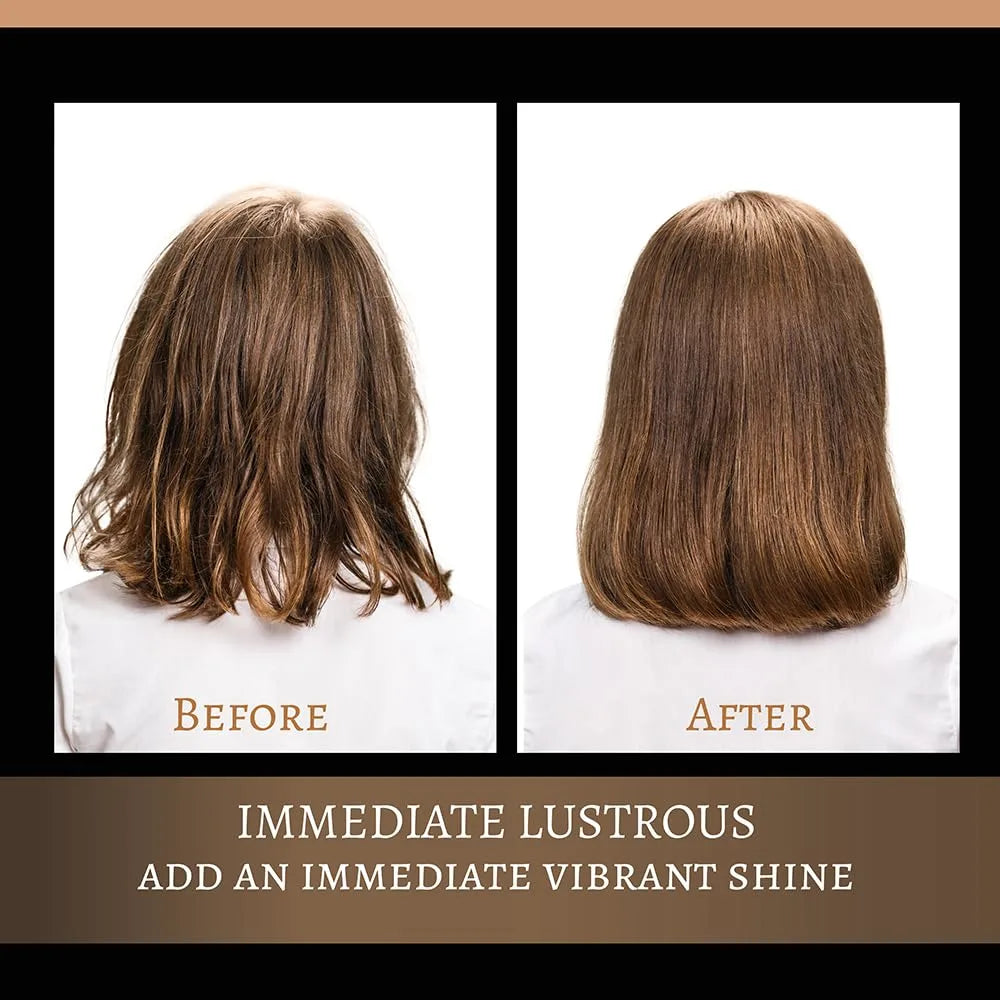 Before and after comparison of hair with an immediate lustrous effect.