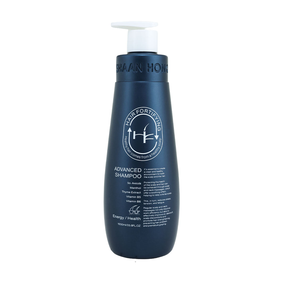 A dark blue bottle of Hair Fortifying Advanced Shampoo with a white pump dispenser, shown against a plain white background.