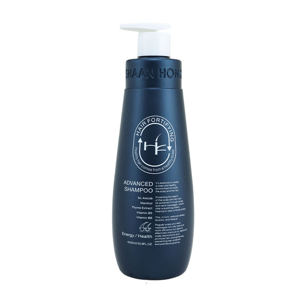 A dark blue bottle of Hair Fortifying Advanced Shampoo with a white pump dispenser, shown against a plain white background.