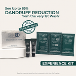 SH-RD Experience Kit featuring a silver trial box, two black shampoo tubes, and three dark teal packet inserts on a light beige background with promotional text.