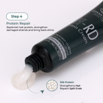 A dark teal tube of SHANN RD Protein Repair Hair Treatment is shown with a dollop of white cream squeezed out. The image includes text overlays explaining the 'Step 4 Protein Repair' process and a small graphic illustrating 'Silk Protein' beads that repair split ends.