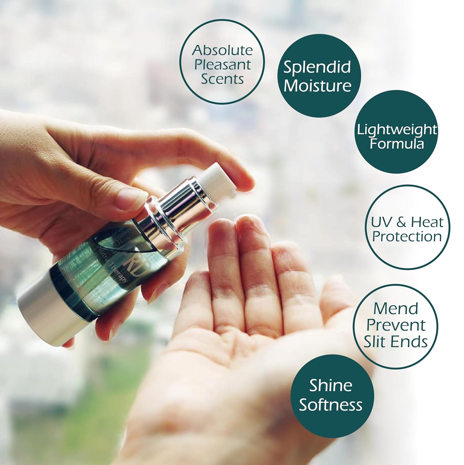 Hand holding a small bottle with a blurred outdoor background, featuring product features text.